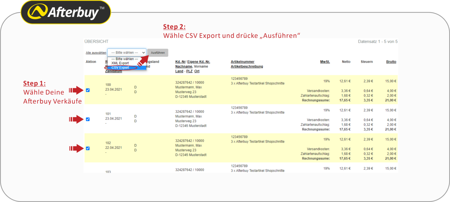 Schritt 1 und 2: Verkäufe in Afterbuy auswählen und als CSV exportieren