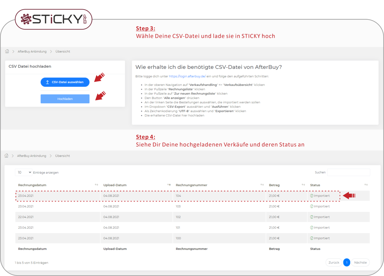 Schritt 3 und 4: CSV-Datei in Sticky hochladen und Status der importierten Verkäufe prüfen