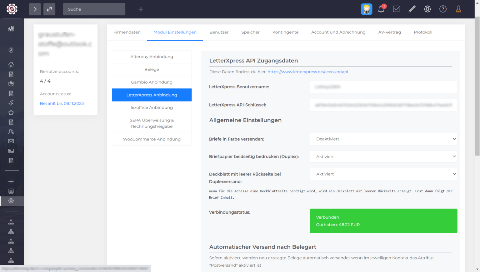 Moduleinstellungen der LetterXpress-Anbindung mit API-Zugangsdaten, Farbe, Duplex und Deckblatt