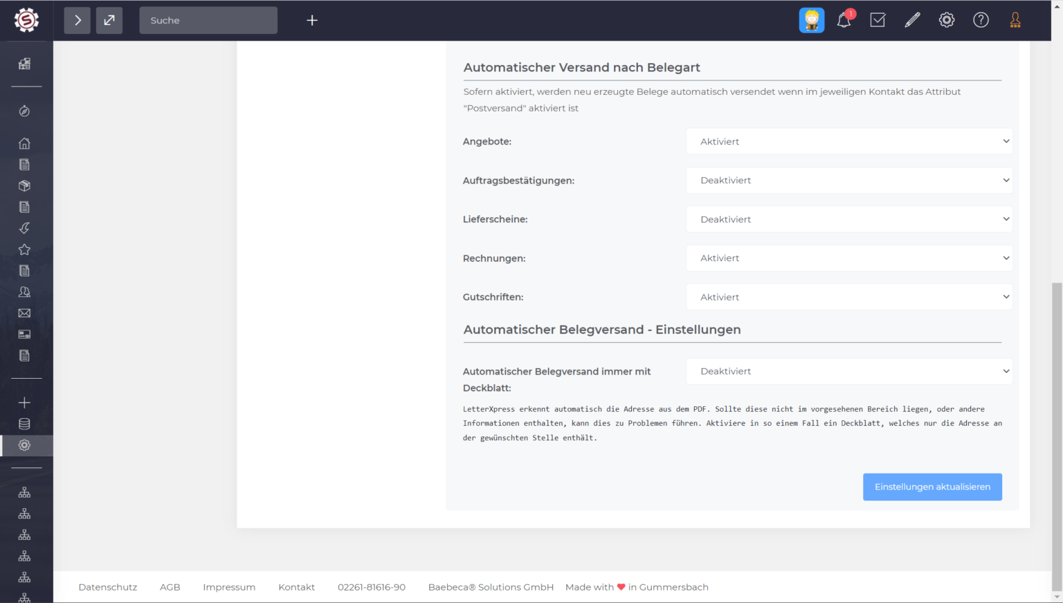 Automatischer Versand nach Belegart für Angebote, Auftragsbestätigungen, Lieferscheine, Rechnungen und Gutschriften