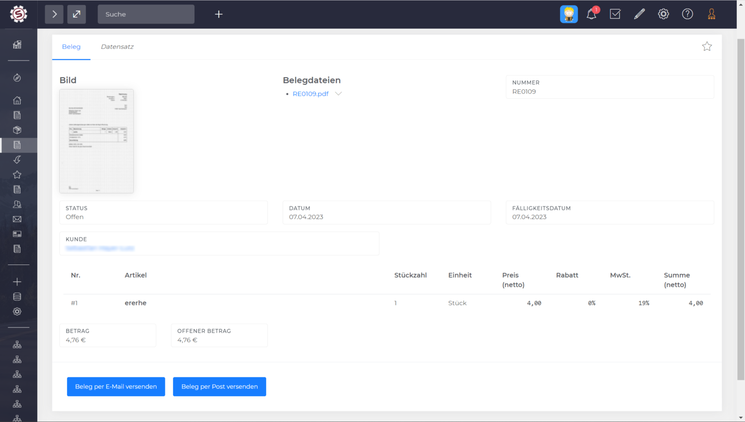 Belegansicht mit den Buttons „Beleg per E-Mail versenden“ und „Beleg per Post versenden“