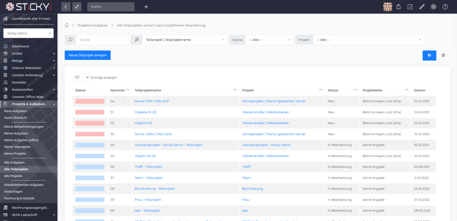 Tabellenansicht aller Sprints mit Status, Nummer, Projekt und Projektleiter