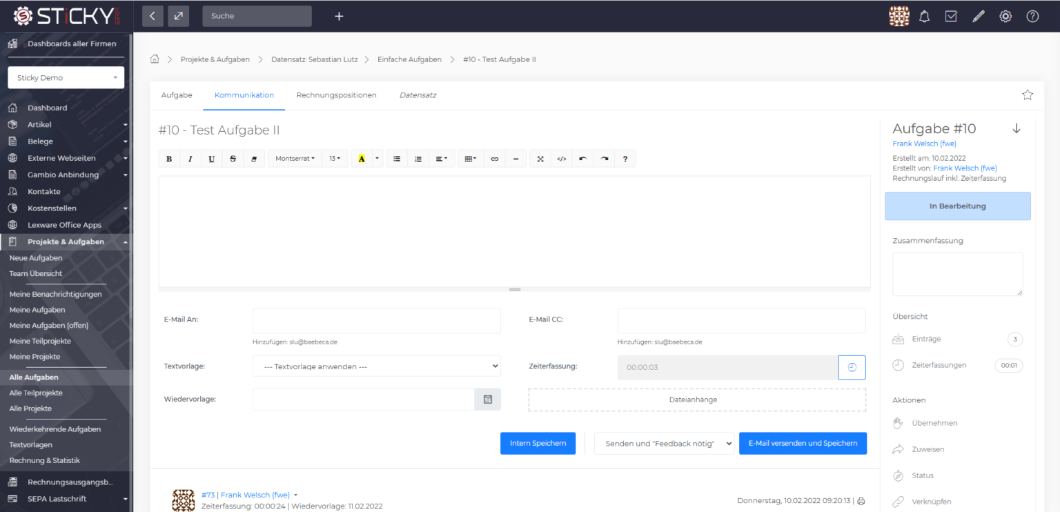 Kommunikation einer Aufgabe mit E-Mail-Editor, AN und CC, Textvorlage und Zeiterfassung