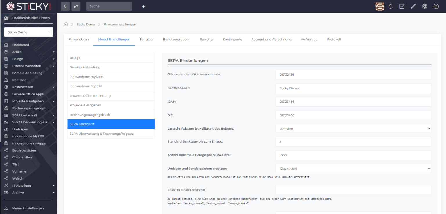 SEPA-Einstellungen mit Gläubiger-ID, Kontodaten, Banktagen und maximaler Belegzahl je Datei