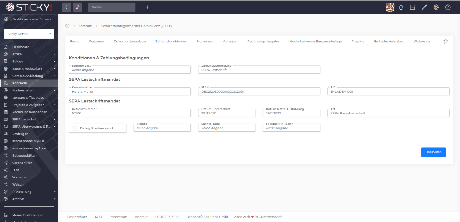 SEPA-Lastschriftmandat am Kontakt mit IBAN, Mandatsreferenz und Unterschriftsdatum