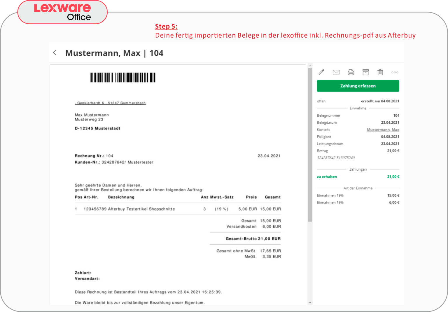 Schritt 5: Importierter Beleg in Lexware Office mit Rechnungs-PDF aus Afterbuy