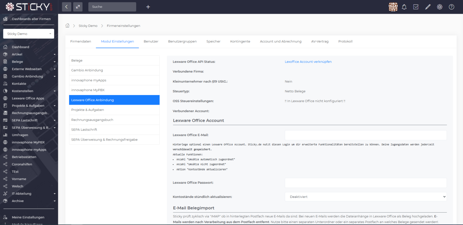 Moduleinstellungen der Lexware Office Anbindung mit API-Status und Steuereinstellungen