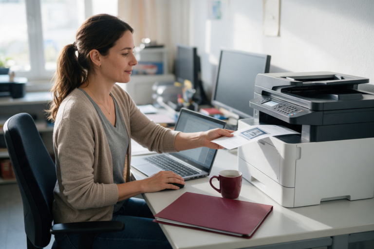 Frau im Büro nimmt ein Dokument aus dem Multifunktionsdrucker, daneben Laptop, weinrote Mappe und Tasse